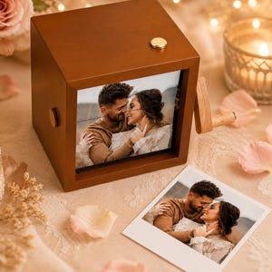 Caja de animación con fotos en formato flipbook personalizada, recuerdo de madera a medida, visor de imágenes con manivela.