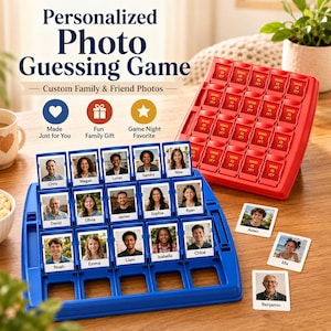 May include: A personalized photo guessing game featuring a blue plastic board with fifteen slots for portrait cards, each labeled with a name. A red plastic board with twenty-four red tiles labeled "WHO IS IT?" sits behind it, with three extra photo cards.