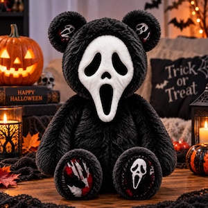 May include: A plush teddy bear covered in black faux fur, featuring a white Ghostface mask as its face. The bear has round ears with small mask accents, and its foot pads display a red and white blood-splatter pattern with a Ghostface mask icon.