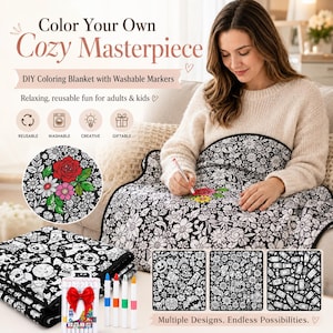 Pu&ograve; includere: Una coperta da colorare fai-da-te con motivi floreali e stagionali in bianco e nero, accompagnata da pennarelli lavabili. La coperta include il testo Color Your Own Cozy Masterpiece, DIY Coloring Blanket with Washable Markers.