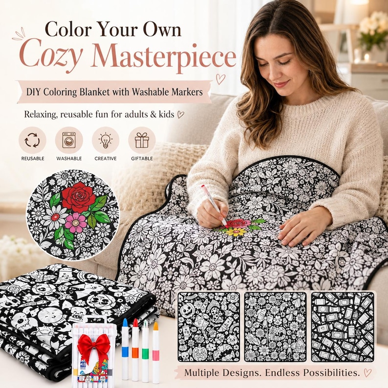 Pu&ograve; includere: Una coperta da colorare fai-da-te con motivi floreali e stagionali in bianco e nero, accompagnata da pennarelli lavabili. La coperta include il testo Color Your Own Cozy Masterpiece, DIY Coloring Blanket with Washable Markers.