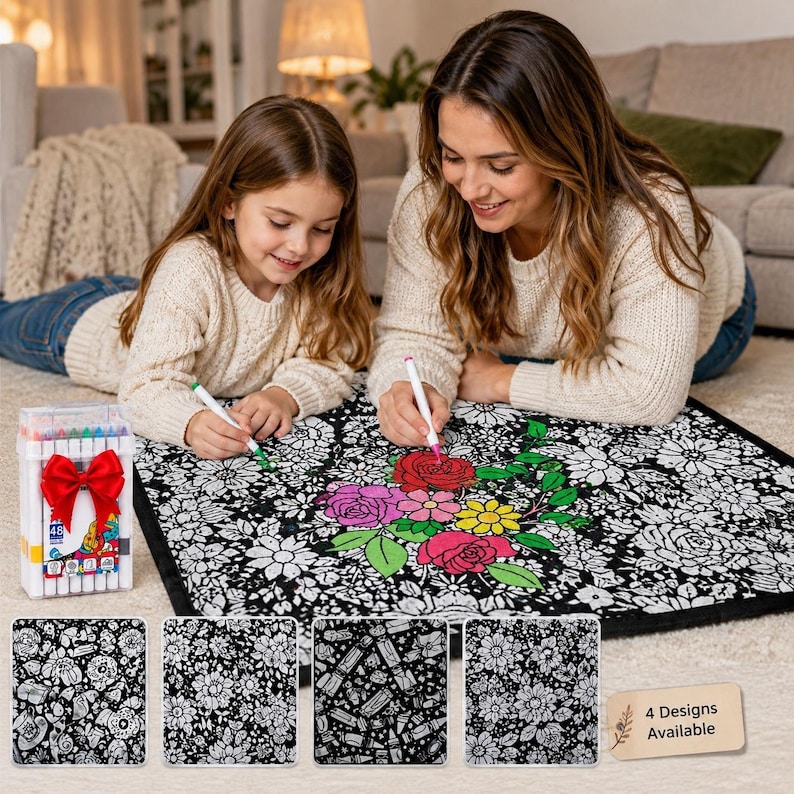Pu&ograve; includere: Un tappetino in tessuto quadrato con un motivo floreale in bianco e nero da colorare, accompagnato da una custodia in plastica trasparente con pennarelli colorati e un fiocco rosso. Il tappetino mostra disegni floreali e un cartello indica 4 Designs Available.