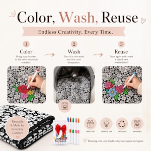 Pu&ograve; includere: Una coperta con motivo floreale in bianco e nero con un grafico illustrativo per colorare, lavare e riutilizzare. Il set include una coperta piegata, una confezione di pennarelli con un fiocco rosso e icone che indicano regalo, creativo, riutilizzabile e lavabile.