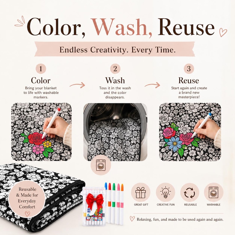 Pu&ograve; includere: Una coperta con motivo floreale in bianco e nero con un grafico illustrativo per colorare, lavare e riutilizzare. Il set include una coperta piegata, una confezione di pennarelli con un fiocco rosso e icone che indicano regalo, creativo, riutilizzabile e lavabile.