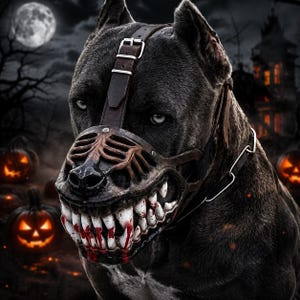 May include: A dark gray dog wearing a brown leather muzzle featuring a sculpted ribcage design and protruding white teeth with red blood-like accents. The muzzle is secured with adjustable leather straps and metal buckles around the snout.