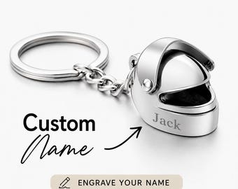 Personalized Motorcycle Helmet Keychain, Custom Name Biker Dad Gift, Stainless Steel Keyring