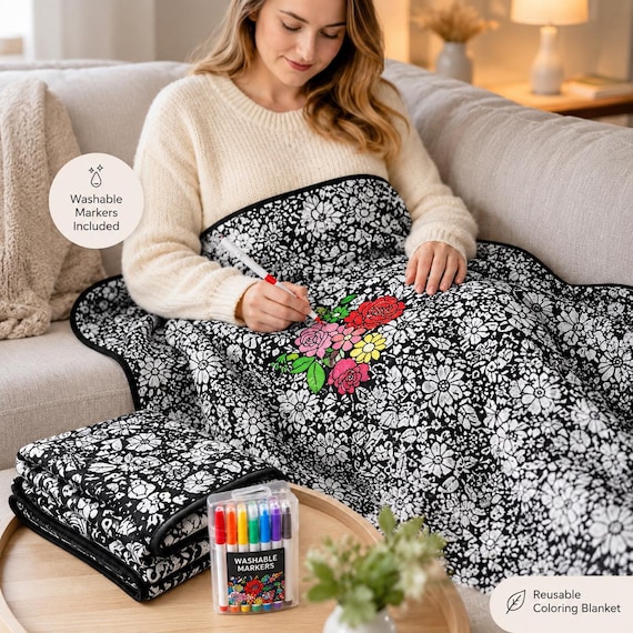 DIY Coloring Blanket, Reusable Throw With Washable Markers (Family Activity)
