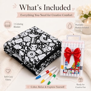 Pu&ograve; includere: Una coperta da colorare in bianco e nero con un motivo ripetuto di gatti, ciambelle, arcobaleni e cuori, accompagnata da una custodia in plastica trasparente contenente 48 pennarelli con un fiocco rosso e tre pennarelli sciolti con punte blu, gialla e verde.