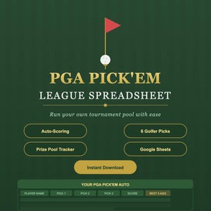 Può includere: Grafica digitale con sfondo verde scuro con testo "PGA PICK'EM LEAGUE SPREADSHEET". Offre opzioni di punteggio automatico e monitoraggio del montepremi. Un grafico di palla da golf e bandiera in alto.