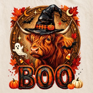May include: A graphic illustration of a shaggy ginger Highland cow wearing a black witch hat with an orange plaid band and a small pumpkin. The cow is framed by autumn leaves, bats, a ghost, and candy corn, with the word BOO in large letters.
