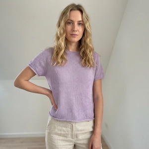 May include: A light purple knit top with short sleeves and a crew neck. The top is worn with light-colored pants. The model is standing in front of a white wall.