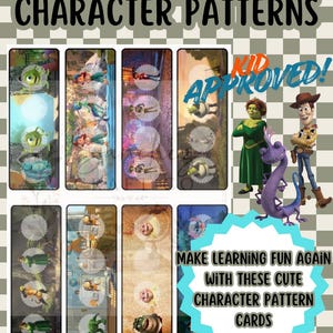 May include: Character pattern cards with animated characters. The cards have a light background with character images and the text "Character Patterns". The phrase "Kid Approved!" is also visible. The cards are designed to make learning fun.