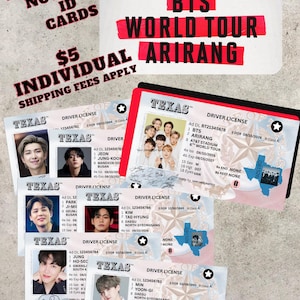 May include: A collection of novelty Texas driver license cards featuring photographs and personal details of BTS members. Each card displays the text Texas Driver License, a star graphic, and a small blue map of Texas with a group photo insert.