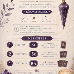Peut inclure: Image promotionnelle pour les lectures au pendule. L'image présente du texte en français, un pendule, des cristaux et des cartes de tarot. Le texte comprend "Questions au Pendule" et les prix des différents forfaits.