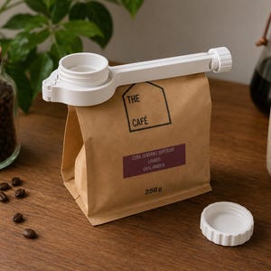 Peut inclure: Un clip de fermeture de sac en plastique blanc avec un bec verseur intégré et un bouchon à vis fixé sur un sac en papier brun portant l'inscription THE CAFÉ, CUBA SERRANO SUPERIOR, LAVADO, 100% ARABICA, 250 g. Un bouchon blanc séparé est posé à côté.