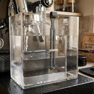 Peut inclure: Un réservoir d'eau clair et rectangulaire pour une machine à expresso, rempli d'eau. Un indicateur de niveau noir et vertical se trouve à l'intérieur du réservoir. La machine est en acier inoxydable et noire, avec un manomètre. Accessoires de préparation du café en arrière-plan.