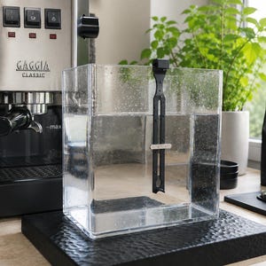 Peut inclure: Un réservoir d'eau rectangulaire et transparent en plastique pour machine à expresso Gaggia Classic. Le récipient est rempli d'eau et comporte une poignée verticale en plastique noir avec une petite goupille métallique au centre.