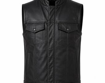 Chaleco de cuero negro para hombre / Chaleco de motociclista de piel de oveja / Chaqueta sin mangas hecha a mano