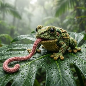 Puede incluir: Una rana de ganchillo con una larga lengua rosa, posada sobre una gran hoja verde. La rana es principalmente verde y amarilla, con ojos negros. El fondo presenta un follaje verde exuberante y una atmósfera brumosa.