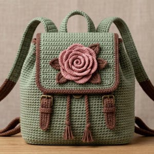 May include: A sage green crochet backpack featuring a prominent pink rose appliqué with brown leaves on the front flap. The bag includes brown trim, two decorative buckle straps, a drawstring closure with tassels, and two shoulder straps.