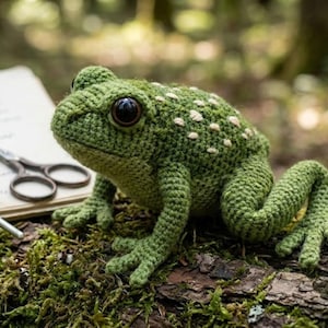 Könnte beinhalten: Eine handgefertigte grüne Häkelfrosch mit weißen Flecken, großen schwarzen Augen und detaillierten Nähten. Der Frosch sitzt auf einem moosigen Baumstamm, mit einem verschwommenen Waldbild im Hintergrund. Eine Schere und ein Notizbuch sind ebenfalls zu sehen.