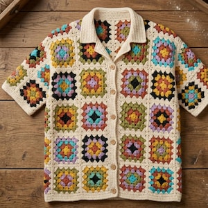 Op de afbeelding: Een overhemd met korte mouwen en knoopsluiting, gemaakt van crèmekleurige gehaakte granny squares. Elk vierkant heeft een veelkleurig patroon in tinten geel, oranje, groen, blauw, paars en zwart. Het overhemd heeft een klassieke kraag.