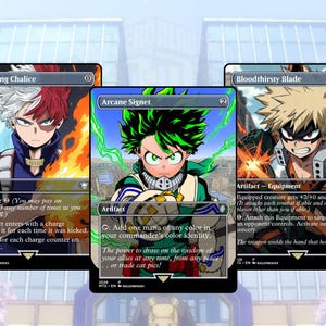 May include: Three collectible trading cards featuring anime characters. The cards are titled "Everflowing Chalice", "Arcane Signet", and "Bloodthirsty Blade". Each card has a unique illustration and text, with a fantasy theme.