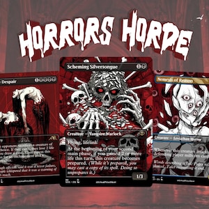 May include: Three rectangular trading cards titled Invoke Despair, Scheming Silvertongue, and Nemesis of Reason, featuring dark red and black illustrations of skeletal figures and eyes, with the text Horrors Horde displayed in white above the cards.