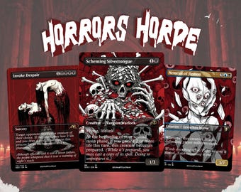 May include: Three rectangular trading cards titled Invoke Despair, Scheming Silvertongue, and Nemesis of Reason, featuring dark red and black illustrations of skeletal figures and eyes, with the text Horrors Horde displayed in white above the cards.