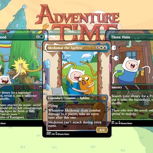 May include: Three custom Magic: The Gathering trading cards featuring Adventure Time characters. The cards are titled Time of Need, Medomai the Ageless, and Three Visits, each displaying colorful cartoon illustrations of Finn and Jake in various scenes.