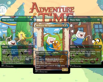 May include: Three custom Magic: The Gathering trading cards featuring Adventure Time characters. The cards are titled Time of Need, Medomai the Ageless, and Three Visits, each displaying colorful cartoon illustrations of Finn and Jake in various scenes.