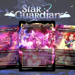 May include: Three Star Guardian trading cards featuring Taliyah, Guardian of Mischief, Lux, Guardian of Light, and Neeko, Guardian of Wonder. Each card displays vibrant character illustrations, game text, and mana symbols against a dark background.