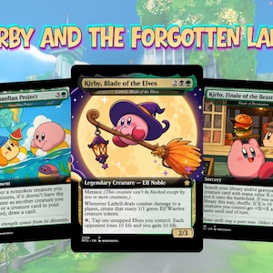 May include: Three custom trading cards titled Kirby and the Forgotten Land. The left card shows Kirby and Elfilin in water. The center card features Kirby as a witch with a broom and lantern. The right card depicts Kirby at a food stand.
