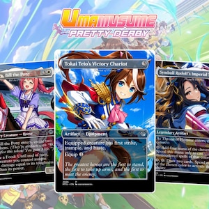 May include: Three Umamusume Pretty Derby trading cards featuring anime-style characters. The left card shows Haru Urara on a horse, the center card displays Tokai Teio's Victory Chariot, and the right card depicts Symboli Rudolf's Imperial Throne.
