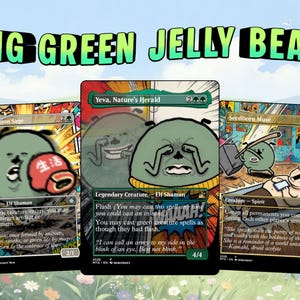 May include: Three trading cards titled Reclamation Sage, Yeva, Nature's Herald, and Seedborn Muse, featuring cartoon green jelly bean characters in comic book art styles. The text BIG GREEN JELLY BEAN appears in large green letters above the cards.