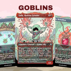 May include: Illustration of three fantasy cards with the word "GOBLINS" at the top. The cards feature goblins, a ring, and a medallion. The central card shows a green goblin with red energy bursts. The cards have text and illustrations.