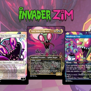 May include: Three custom trading cards featuring Invader Zim character art. The cards are Teferi, Time Raveler, Tivit, Seller of Secrets, and Mindbreak Trap. Each card displays unique illustrations of the green alien character with large pink eyes.