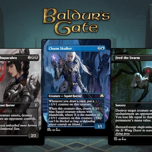 May include: Three Magic: The Gathering trading cards from the Baldur's Gate set: Ravenous Chupacabra, Chasm Skulker, and Feed the Swarm. Each card features detailed fantasy character illustrations, game text, mana costs, and card type labels.