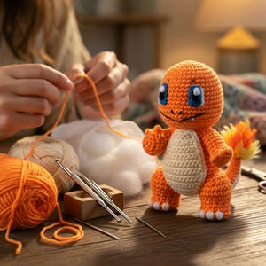 May include: An orange crochet Charmander figure with blue eyes and a cream-colored belly stands on a wooden surface. The image includes orange yarn, crochet hooks, and other crafting supplies, suggesting a handmade item.