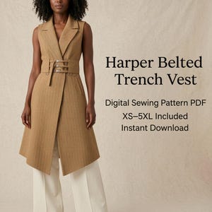 Può includere: Un gilet trench senza maniche color marrone chiaro con motivo a spina di pesce, dotato di un'ampia cintura in vita con tre fibbie argentate, revers e tasche laterali. Il testo recita: Harper Belted Trench Vest, Digital Sewing Pattern PDF, XS-5XL Included, Instant Download.
