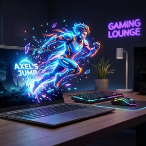 May include: A laptop displays the text "Axel's Jump" with a neon-lit character leaping out of the screen. A gaming keyboard, mouse, and mousepad are on a wooden desk. The background features a "Gaming Lounge" sign.