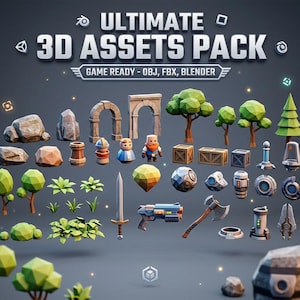May include: A collection of low-poly 3D game assets including trees, rocks, stone arches, wooden crates, a sword, a futuristic blaster, an axe, and character figures. The text reads ULTIMATE 3D ASSETS PACK and GAME READY - OBJ, FBX, BLENDER.