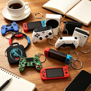May include: A collection of colorful video game controller keychains, including designs resembling popular consoles. Keychains are in various colors like blue, red, green camouflage, and white. Some keychains have a black screen. The items are on a wooden surface.