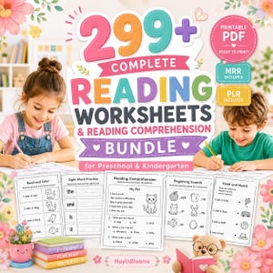 Puede incluir: Un producto educativo digital titulado 299+ Complete Reading Worksheets & Reading Comprehension Bundle for Preschool & Kindergarten. La imagen muestra varias hojas de trabajo en blanco y negro con ejercicios de lectura, palabras visuales y tareas.