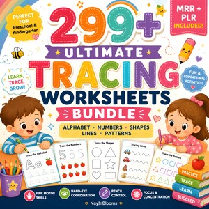 May include: A digital educational bundle cover titled 299+ Ultimate Tracing Worksheets Bundle featuring colorful illustrations of children, a pencil, and apples. It includes worksheets for alphabet, numbers, shapes, lines, and patterns, with text labels for fine motor skills, hand-eye coordination, pencil control, and focus.