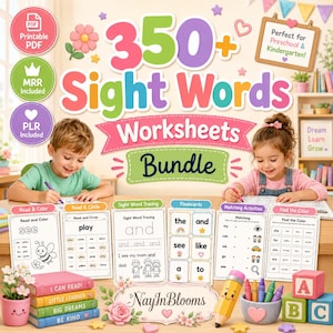 May include: A digital educational bundle titled 350+ Sight Words Worksheets Bundle featuring printable PDF worksheets, flashcards, and matching activities. The set includes pages for reading, tracing, and coloring, with colorful graphics and text.