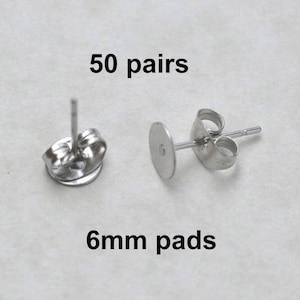 6mm Surgical Steel Posts, 50 pairs flat pads, EFP-6P-50, earring posts, butterfly backs, hypoallergenic earring post, Earring Findings