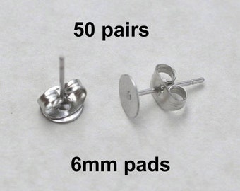 6mm Surgical Steel Posts, 50 pairs flat pads, EFP-6P-50, earring posts, butterfly backs, hypoallergenic earring post, Earring Findings