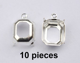 12x10mm Octagon Prong Settings, Sterling Plate Rhinestone Settings, Open Back Settings, 1 loop Settings