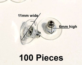 100 Pieces Clear Plastic 11mm x6mm Earnuts, Large Earring Backs, Rhodium Plated Ear Nuts, Loose Clear Earring Backs, Plastic Earring Backs